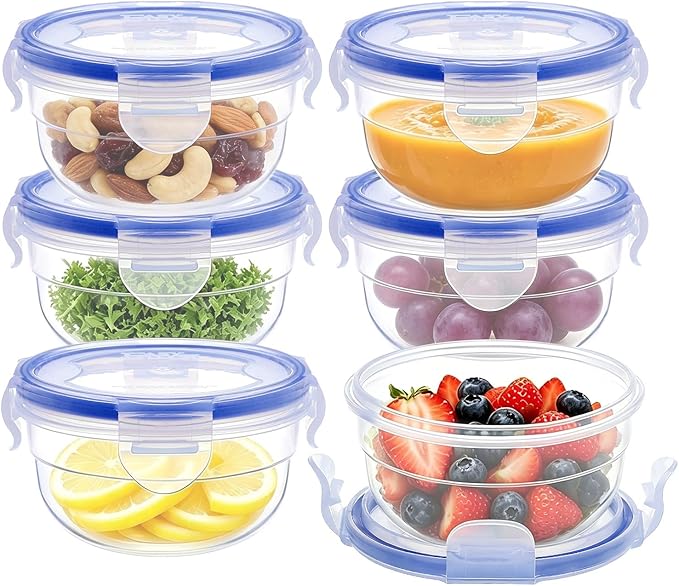 KIGI Round Food Storage Containers with Lids, Leak Proof Small Plastic Bowls for Snacks, Puree, Meal Prep and Lunch, Freezer Safe, 4-Sided Locking Lid, BPA-Free,10 oz / 1.25 Cup,12 Piece Set