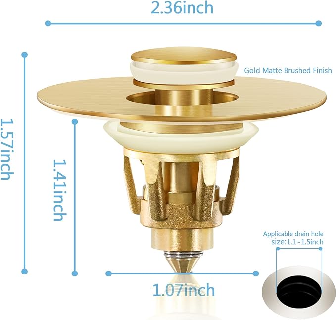 Gold Bathroom Sink Stopper – Pop Up Drain Stopper & Strainer, 2-in-1 Universal Sink Stopper, Compatible with 1.1" to 1.5" Bathroom Sink Drain Pipes, Gold Matte Brushed Finish