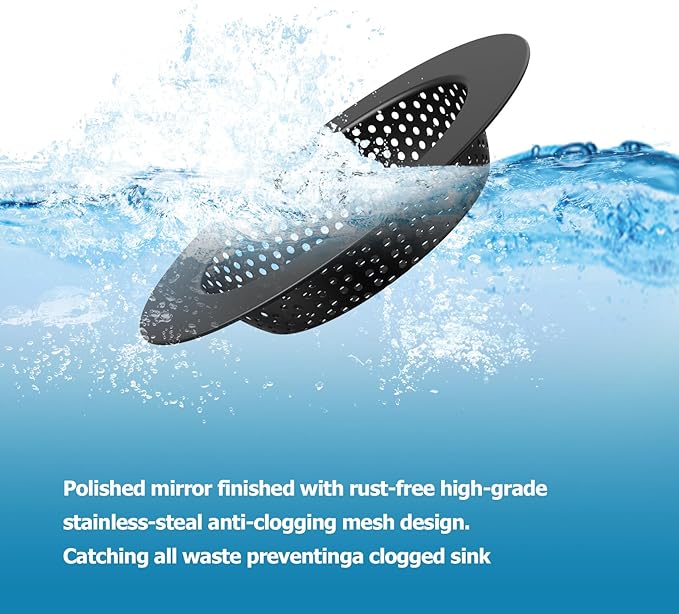 Huntonry Black Kitchen Sink Drain Strainer, Sink Drain Cover, Food Catcher, Large Wide Rim 4.5" Diameter, Stainless Steel, Pack of 2