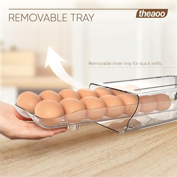 theaoo Egg Holder for Fridge, Automatic Rolling Egg Container for Refrigerator, Clear Plastic Egg Dispenser, Stackable Eggs Organizer with Quick Removable inner Tray For Organizers and Storage, 3 Pack