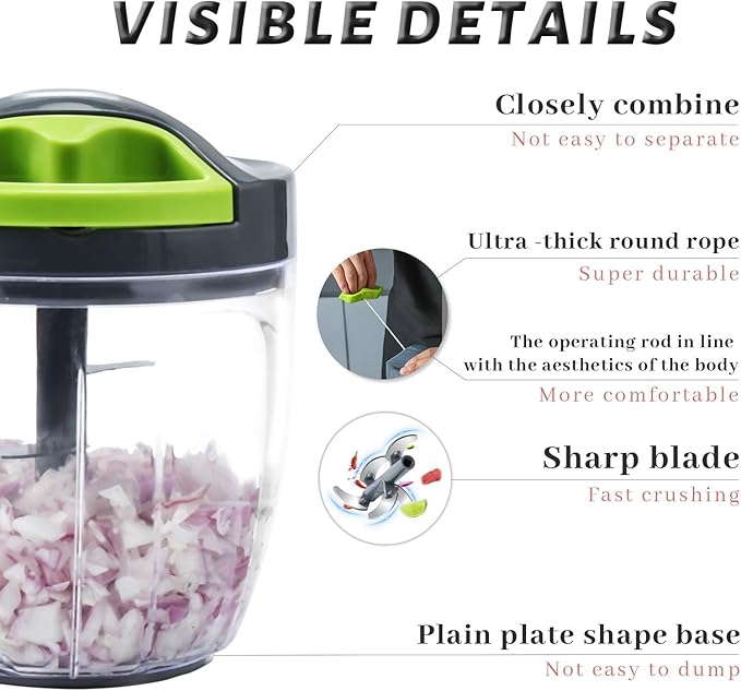 Manual Vegetable Chopper Hand String Onion Cutter Garlic Mincer Manual Food Processor for Ginger, Chili, Fruit, Meat, Nuts Food Chopper 900ml, Green