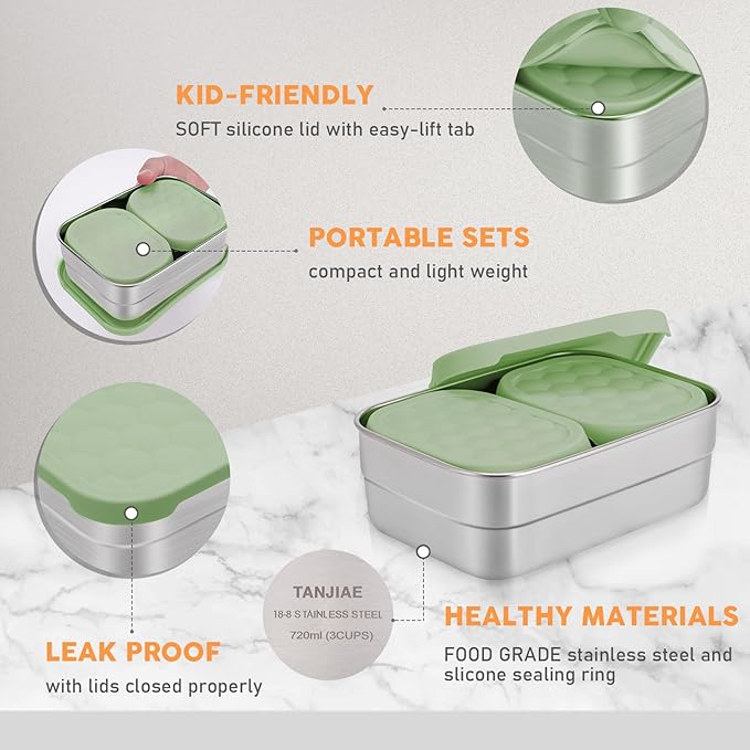 Tanjiae Stainless Steel Snack Containers for Kids | Easy Open Leak Proof Small Food Containers with Silicone Lids - Perfect Metal Toddler Lunch Box for Daycare and School (8oz)