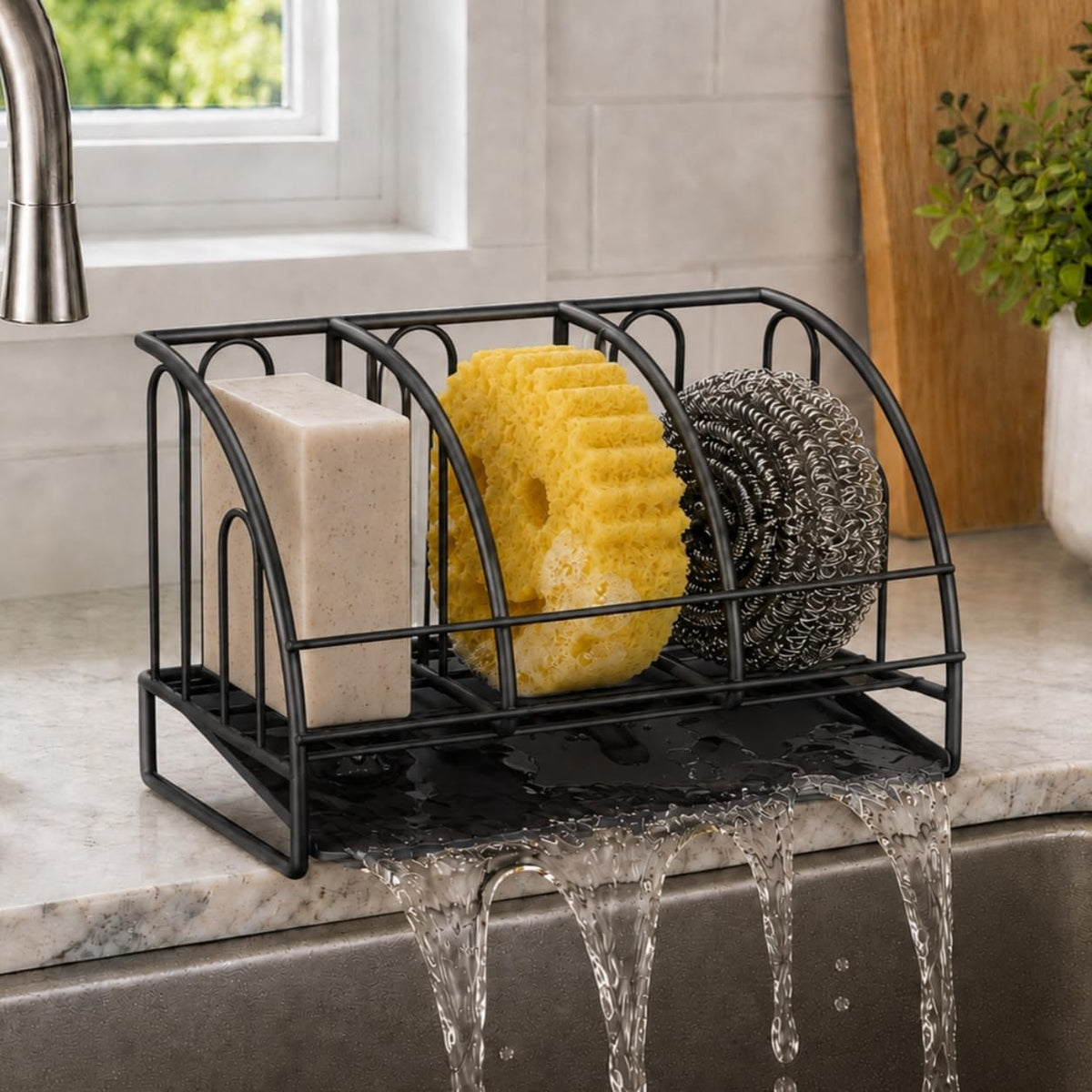 Sponge Holder for Sink with Self Draining Soap Dish for Bathroom