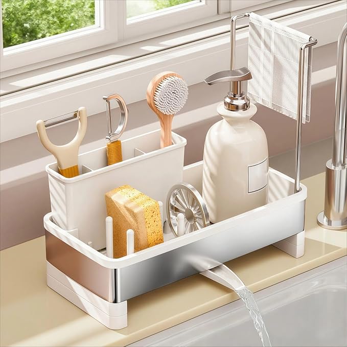 Sink Caddy, Stainless Steel Sink Caddy with Brush Holder, Kitchen Sink Caddy Dishcloth Rack and Holds Soap Dispenser, Sink Organizer Auto-Drain Rustproof Countertop Organizer (White)