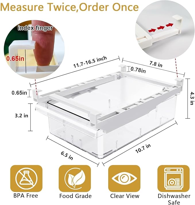 Refrigerator Organizers Storage Fridge Drawer - Pull Out Clear Storage Containers with Handle for Fruit,Deli,Cheese,Seafood,Plastic Organizer Bins Fit for Medium Refrigerator Shelf,Simple Use(2 Pack)