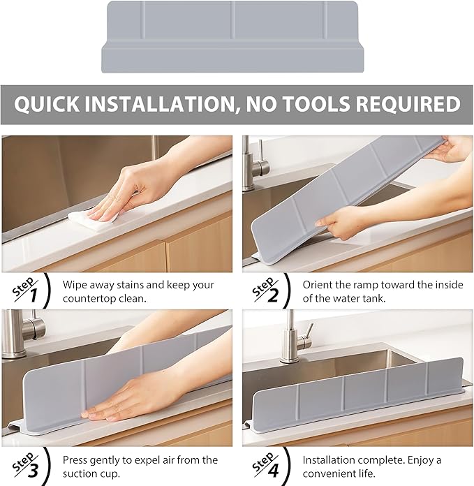 18Inch Sink Splash Guard – Extended Length & Tall Silicone Kitchen Sink Splash Guard with Overhang Drainage Design & Strong Suction Cups for Countertop (Grey, 18''x3.5'')