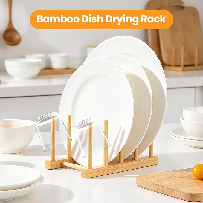 1 Pack Bamboo Wooden Dish Rack-Plate Pot Lid Cutting Board Organizer Holder Rack for Cabinet-Kitchen Cabinet Organizer for Dish, Pots, Lids, Bowls, Bottles, Books, and Puzzle