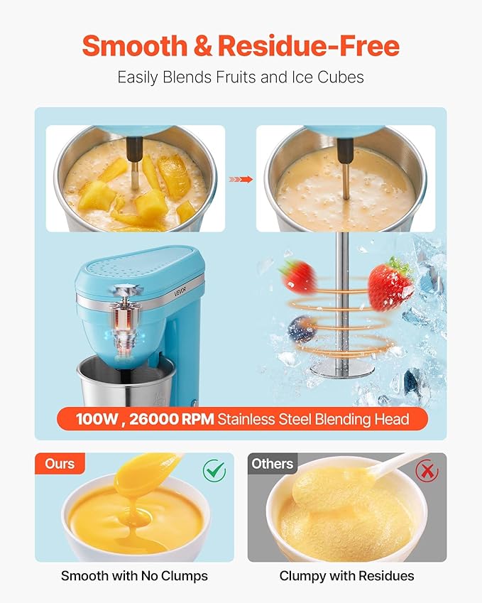 VEVOR Milkshake Maker, 100W Milk Shake Maker Mixer, Single Head Drink Mixer Blender Machine, Dual-Speed Adjustment Milkshake Blender with Stainless Steel Cup, for Home, Kitchen, Bar & Beverage Shop
