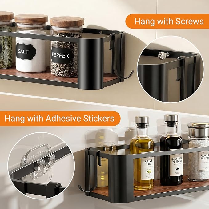 2 Pack Wall Mounted Spice Rack with 2 Hooks, Spice Organizer Shelf for Stove Cabinet Pantry Door, Screw or Adhesive Spice Shelf Hanging Wall Spice Rack in Kitchen and RV (Black, 2 Pack)