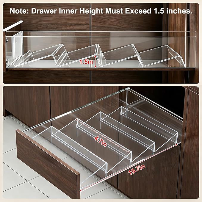 Expandable Acrylic Spice Drawer Organizer – 4-Tier Clear Seasoning Rack Insert for Kitchen Drawers, Adjustable from 9" to 18", Fits Most Spice Jars (Jars Not Included) 4-Pack