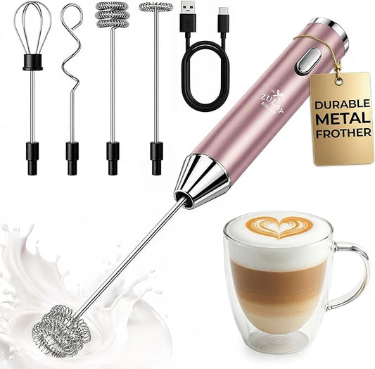Zulay Kitchen Rechargeable Milk Frother Handheld - Frother Wand, Drink Mixer, Electric Whisk Frother, for Cappuccinos, Matcha & Protein Powder - Ultra Metal 3 Whisk, 1800mAh Pink