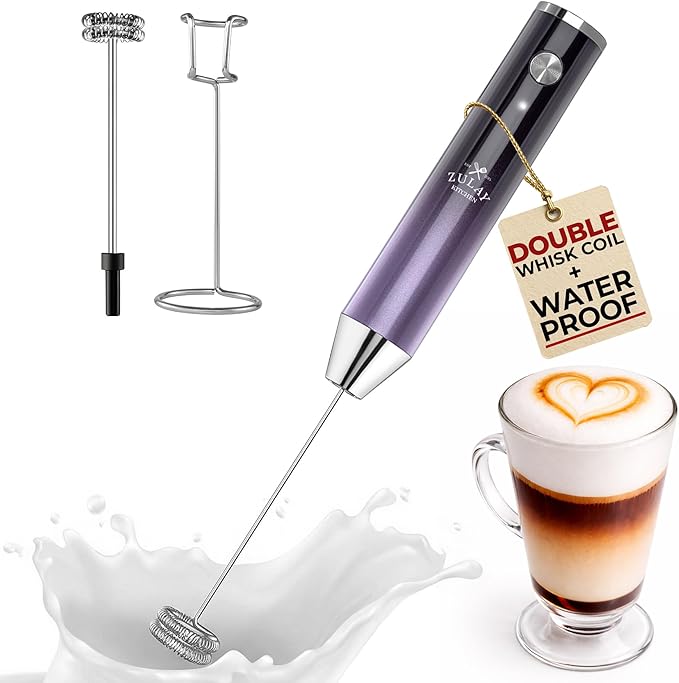 Zulay Kitchen Rechargeable Milk Frother Handheld - Frother Wand, Drink Mixer, Electric Whisk Frother, for Cappuccinos, Matcha & Protein Powder - Lux 4 Whisk 2 Speed Waterproof 2000mAh Black Purple
