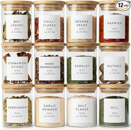 Glass Spice Jars with Labels-12 Pack- 6.8oz- 360 Labels- Spice Containers