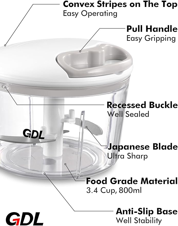 GDL Food Chopper, Pull Onion Chopper Dicer, Hand Powered Food Chopper, Fast Cutting Hand Chopper Mincer for Oinon, Garlic, Nut, 3.4 Cups 0.8L, White