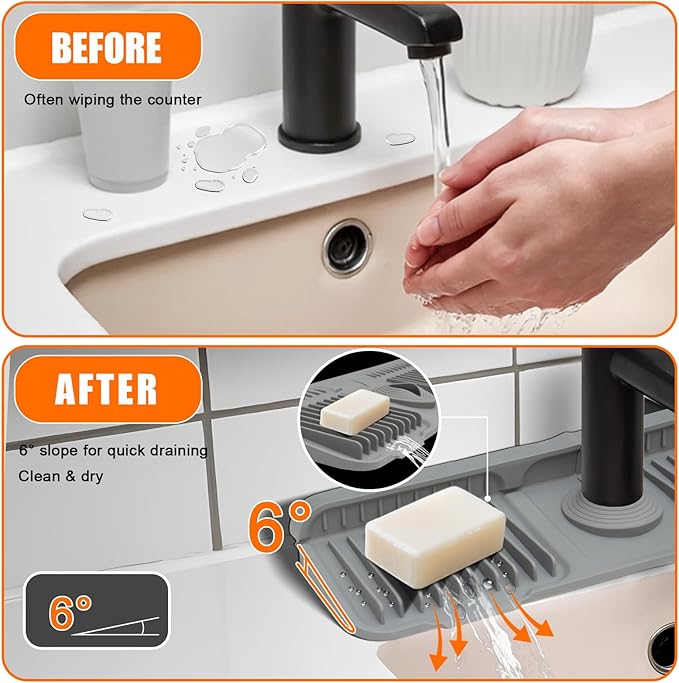 17.7" Silicone Faucet Mat for Kitchen Sink,7° Draining Mat with Snap Button Lock,Faucet Splash Guard and Sink Counter Organizer,Trim-to-Fit Kitchen Faucet Protector for Sponge Brush Cup