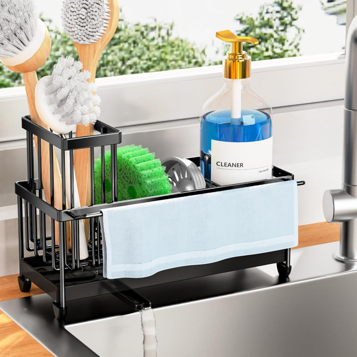 Sponge Holder for Kitchen Sink, Sink Organizer with Towel Rack