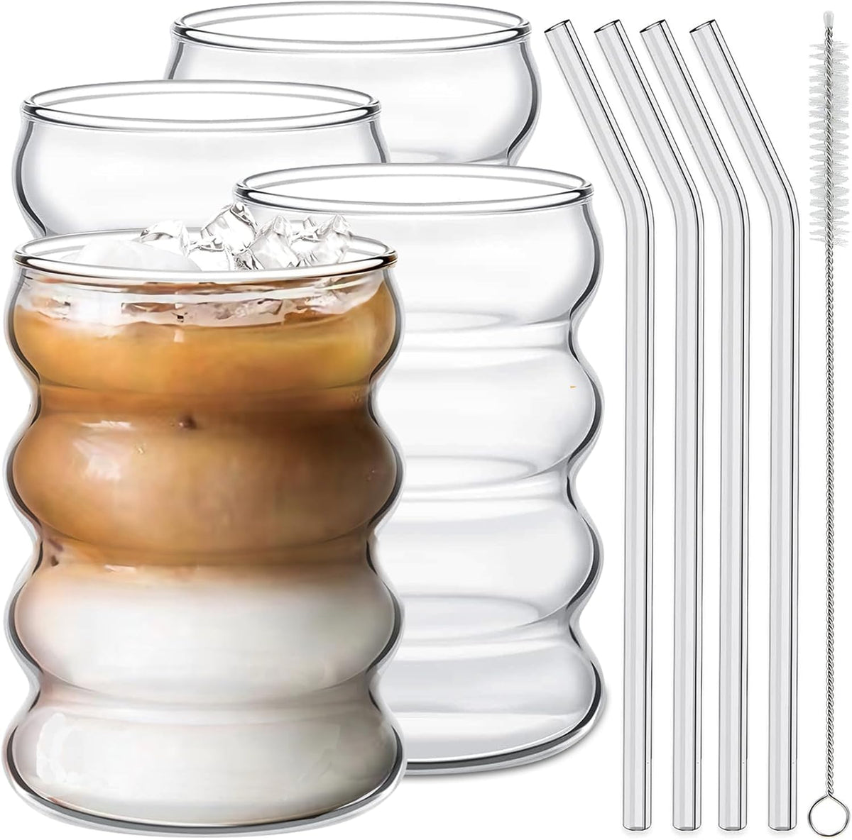4 Pcs Drinking Glasses with Glass Straw 14oz Glassware Set,Cocktail Glasses,Iced Coffee Glasses,Beer Glasses,Ideal for Water,Soda,Tea,Gift with Cleaning Brushes