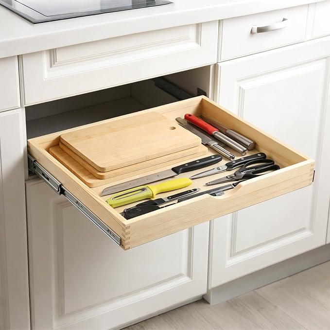 23" Pull Out Cabinet Drawer (Fits 24" Cabinet Opening), Wood Slide Out Cabinet Shelf Organizer with Ball Bearing Slides, Clear Lacquer Finish, Heavy Duty Kitchen Cabinet Pull Out Shelves