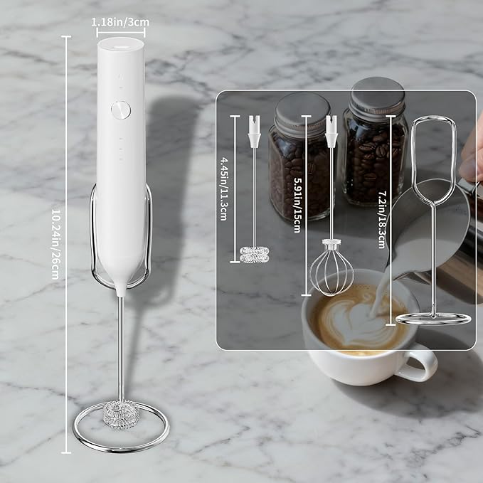 Milk Frother Handheld Rechargeable, Hand Frother with Stand, Drink Mixer Frother Wand Electric Whisk Stirrer for Coffee, Latte, Matcha, Cappuccino, Hot Chocolate, Kitchen Gifts - White
