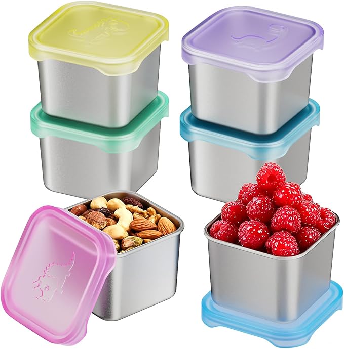 Tanjiae 6-Pack Small (6 oz) Stainless Steel Snack Containers for Kids, Easy-Open Toddler Snack Containers with Lids - Cute Dinosaur Small Stackable Metal Lunch Box for Daycare, School, Travel