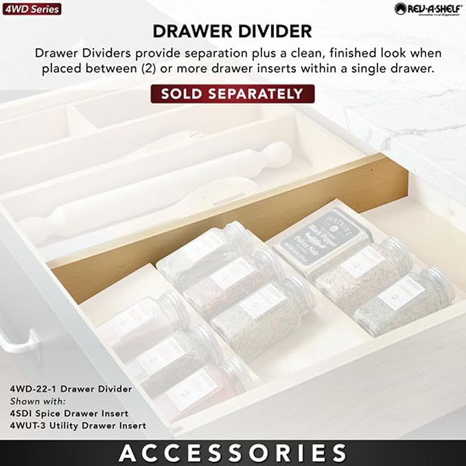Rev-A-Shelf 3-Tier Wood Trim-to-Custom-Fit Spice Rack Drawer Insert, 16" x 19.75", Maple - Drop-In Seasoning Jars Storage Tray Organizer for Kitchen Cabinet and Pantry Organization, 4SDI-18