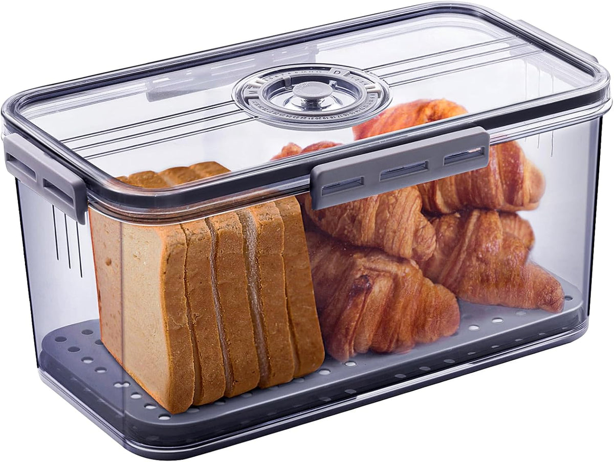 Bread Box Bread Boxes for Kitchen Counter Airtight, Time Recording Bread Storage Container with Lid, Bread Keeper for Homemade Bread, Toast, Bagel, Donut and Cookies, Grey