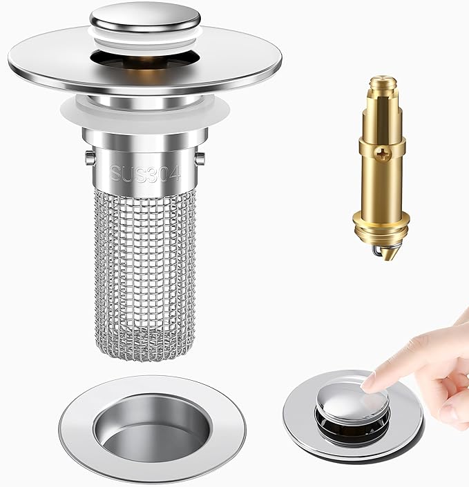 Bathroom Sink Drain Strainer, Pop-Up Bathroom Sink Stopper with Removable Stainless Steel Hair Catcher Basket, Universal Fit for US Bathroom Sinks, Showers & Floor Drains (1pcs)