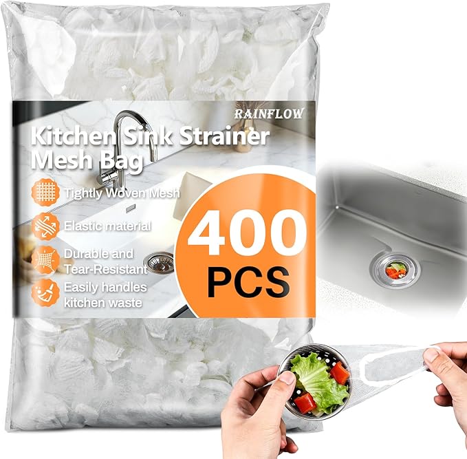 RAINFLOW 400 Pack Kitchen Sink Strainer Mesh Bag - Disposable Sink Drain Covers,Kitchen Essentials Sink Filter Nets, Anti-Clogging Sink Drain Strainer Collecting Leftovers, Hair, Debris