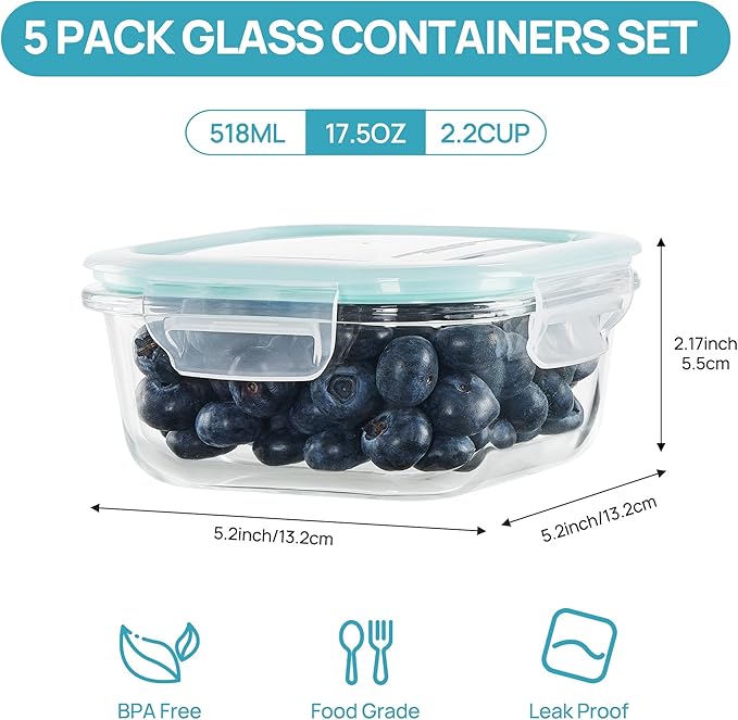 5Pack 17.5oz Glass Storage Containers with Lids