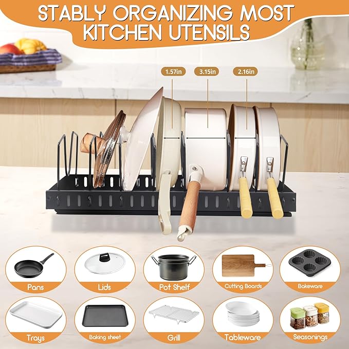 XIAPIA 2 Pack Pull Out Pots and Pans Organizer Under Kitchen Cabinet, Pot Lid Organizers, Slide Out Cookware Storage Rack with 8 Adjustable Dividers, Pull Out Shelves for Dishware Seasoning, Black