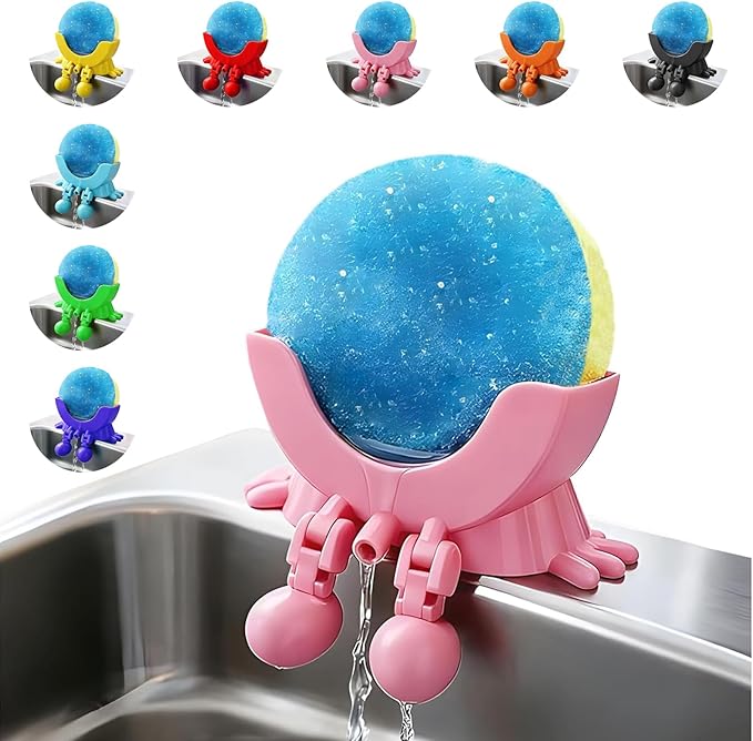 Cute Hanging Sponge Holder with Drainage, 3D Printing Funny Countertop Sponge Holder for Kitchen Sink, Suitable for Scrub Daddy Holder (Pink)