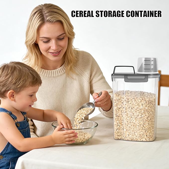 TBMAXS 2 Pack 3 Lbs Dog Cat Food Storage Containers for Travel, Portable Pet Food Storage Container, Easy-Pouring Bird Seed Dispenser, Airtight Rice Cereal Oatmeal Flour Holder -Translucent Grey