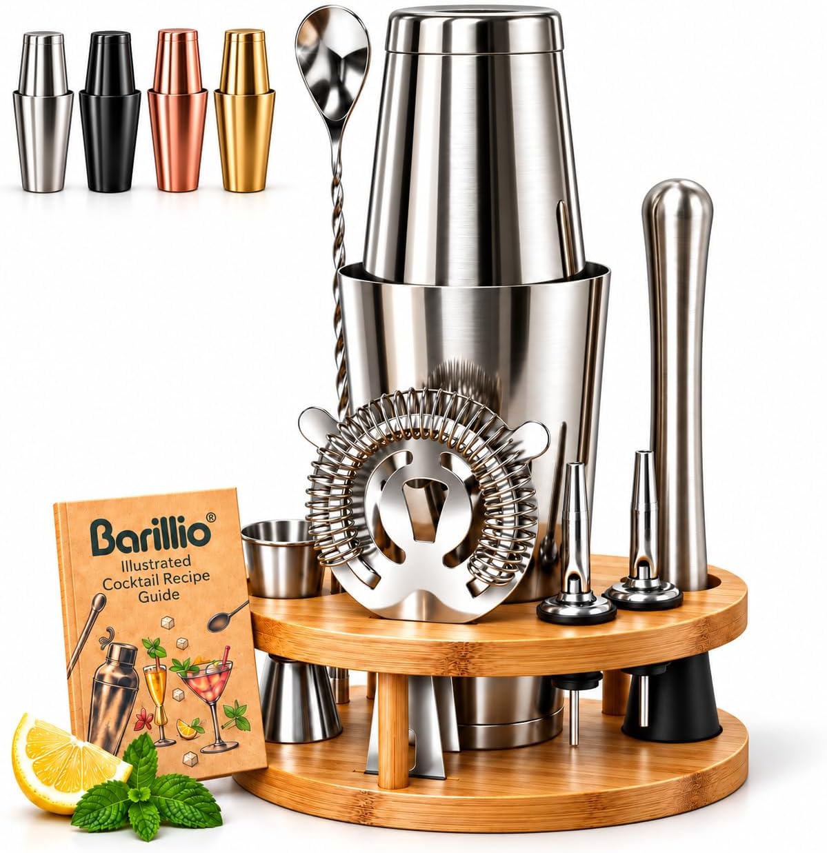 Elite Mixology Bartender Kit with Stand - Cocktail Shaker Set with Bamboo Stand, Boston Drink Shaker, Mojito Muddler, and Drink Mixer Spoon - 9-Piece Bar Tools Set - Bar Accessories for Home