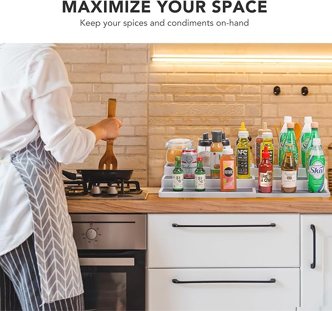 CiWiVOKi 3 Tier Expandable Spice Rack Organizer, White/Grey Plastic Spice Rack, Adjustable Length 14.6In-25.8In, 2 Pack Non-Skid Tiered Spice Shelf Organizer for Kitchen Cabinet, Cupboard, Pantry