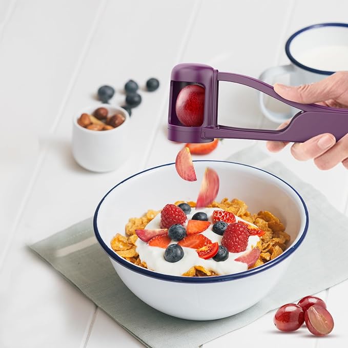 Luvan Grape Cutter for Toddlers 1-3, Grape Slicer Kitchen Gadget for Vegetable Fruit Salad Cake Decor, Stainless Steel Baby Tomato Quarter Cutter Tool for Cherry Strawberry Blueberry - Purple