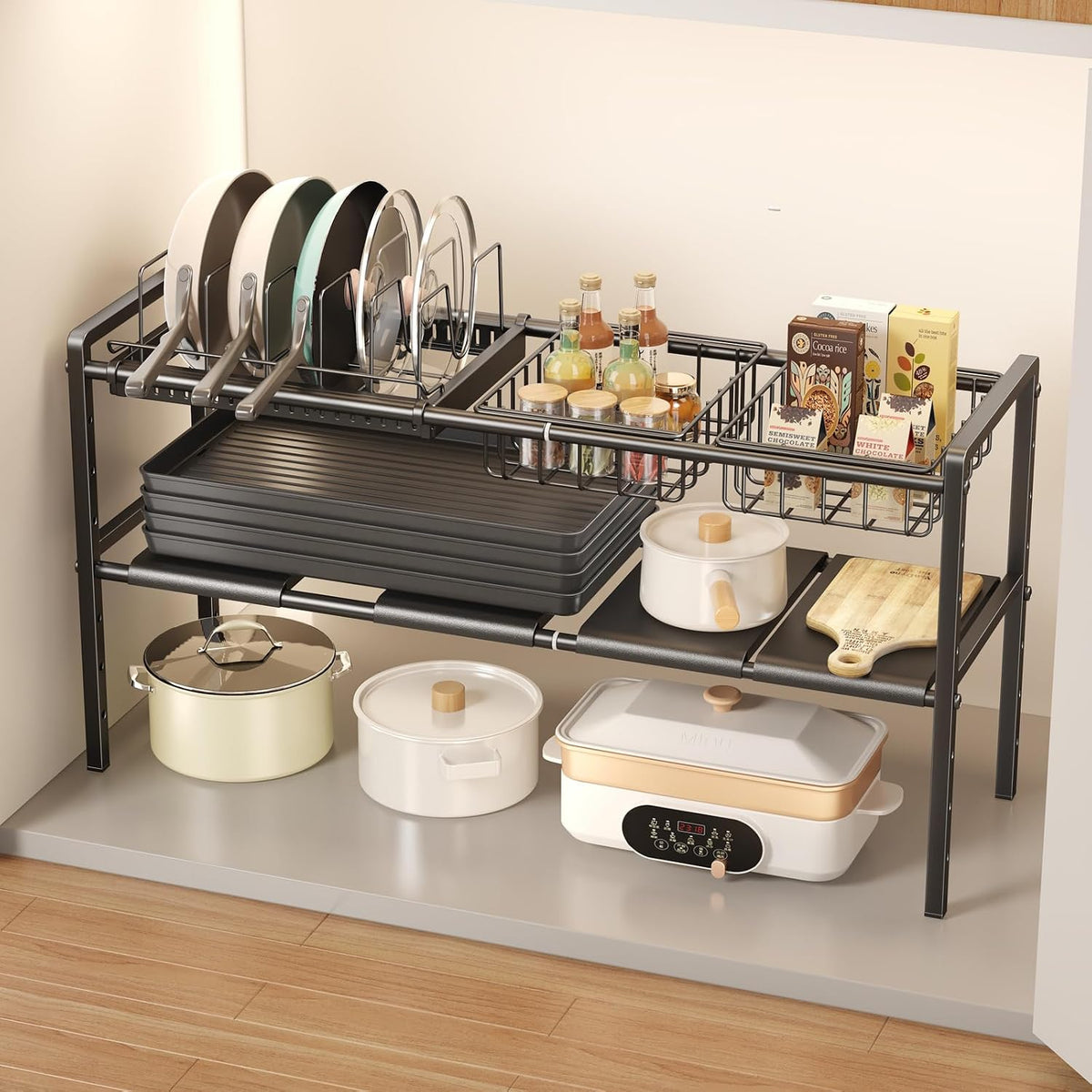 Pots and Pans Organizer Under Cabinet, Expandable 2 Tier Under Sink Organizers Storage Adjustable Height Kitchen Pot and Pan Lid Holder Rack with 6 Dividers(4panels,2baskets,1 Pot rack,Black)