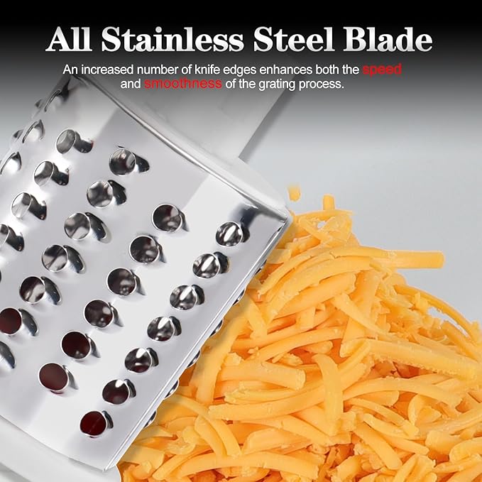 Ourokhome Rotary Cheese Grater Hand Crank, Kitchen Shredder Speed Mandolin Slicer Ice Shaver with Handle and Drum Blades for Cheese, Vegetable, Nuts, Chocolate, Potato, Carrot, 5 Blades, Dark Blue