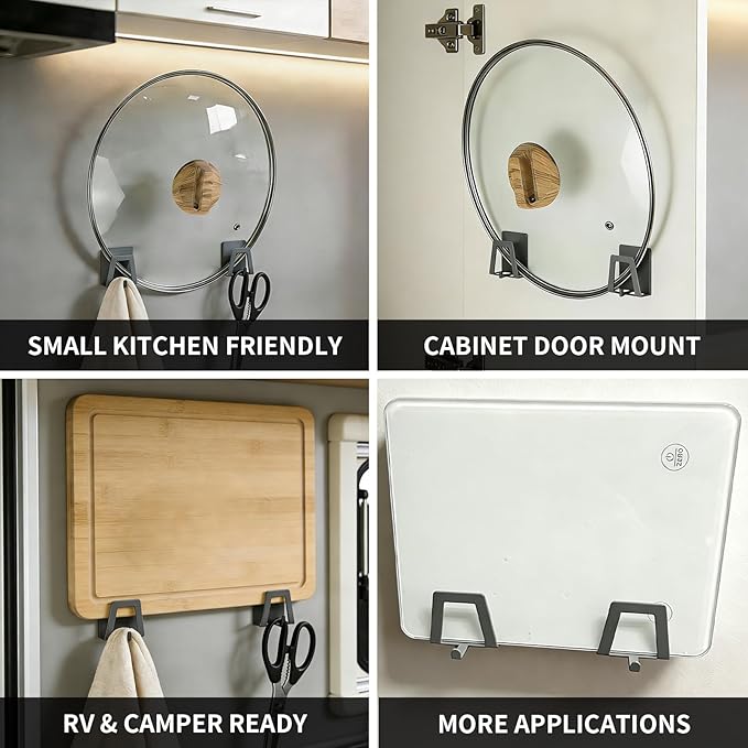 12 Pack Pot Lid Holders with Hook, Pot and Pan Hangers for Kitchen Inside Cabinet Wall Mount Rack Cabinet Door Lid Organizer, Save More Space, Grey