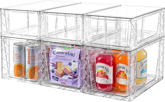 6Pack Pantry Organizers and Storage,Clear Stackable Kitchen Storage Organizer,Foods Organizer Bins with Handles, Easily Assemble for Bathroom, Kitchen