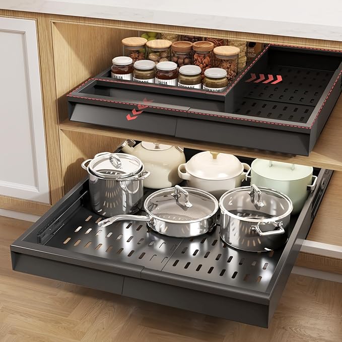 Seinloes Pull Out Cabinet Organizer, 4-Side Expandable to Fit Most Cabinets, 3 Rail Slide Out Drawers with Raising Pad for Framed & Frameless Cabinets, 13"-21" W x 17"-24" D, Black, 2 Pack