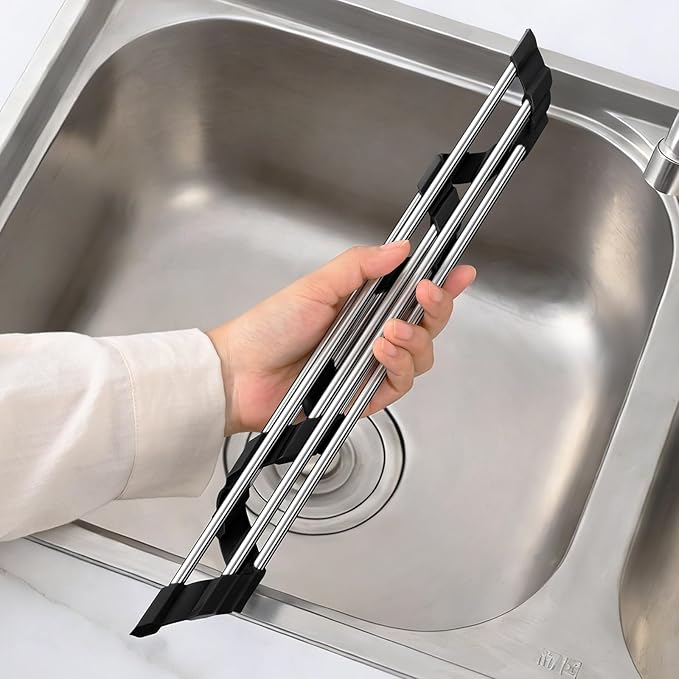 Triangle Dish Drying Rack for Sink Corner, 18/8 Stainless Steel with Thickened Silicone Edge, Roll-Up Space Saving Sink Caddy, Non-Slip Sponge Holder & Drainer Mat for Kitchen Counter