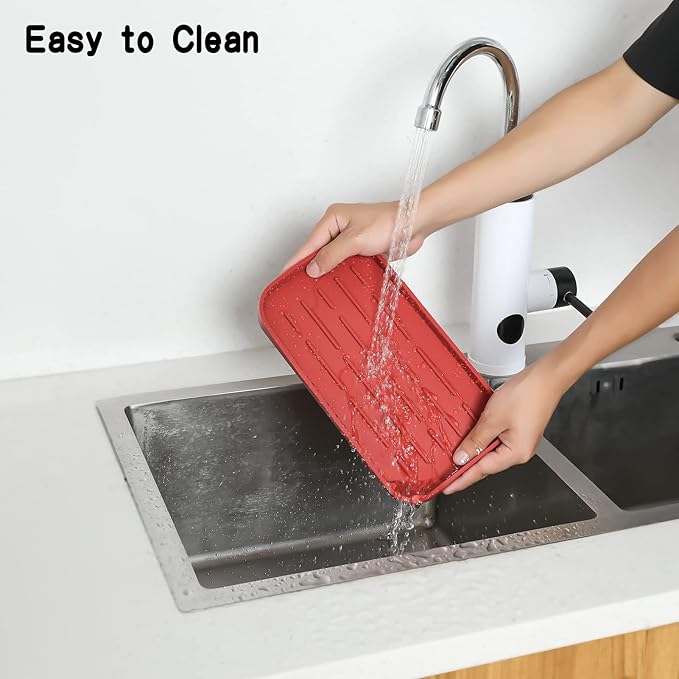 MicoYang Silicone Kitchen Sink Organizer Tray for Multiple Usage,Eco-Friendly Sponges Holder for Kitchen Bathroom Counter or Sink,Dish Soap Dispenser,Scrubber,Bottle,Cup (Red, 10"×5.3")