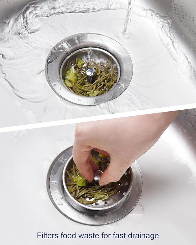 KONE 2PCS Kitchen Sink Basket Strainer Replacement for 3-1/2 Inch Standard Drains Brushed Stainless Steel Body Metal Center Knob with Rubber Stopper