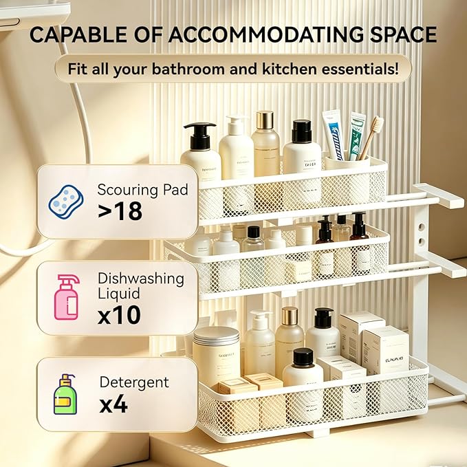 2 Pack 3 Tier Under Sink Organizer, Height Adjustable Heavy Duty Metal Under Cabinet Drawer Pull Out Shelf with Smooth Silent Sliding Design, Organizer and Storage Rack for Kitchen, Bathroom, White