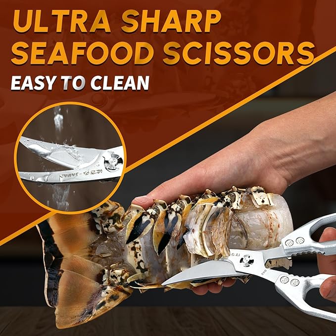 Huusk Seafood Scissors Silver - Stainless Steel Kitchen Shears Dishwasher Safe, Sharp Japanese-Style Kitchen Scissor for Crab, Shrimp, Lobster, Herbs and Food Prep, Gifts for Men Women