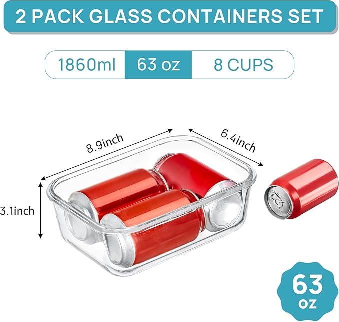 Vtopmart 2Pack 1860ml/63oz Large Glass Storage Containers with Lids, Meal Prep Food Container Set with Snap Airtight Lid for Baking, Microwave, Oven, Leak Proof, for Freezer, Dishwasher, Pink