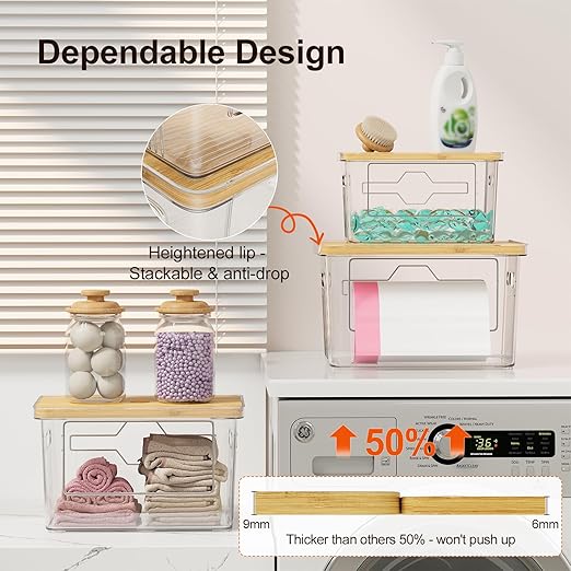2 Pack Trash Bag Holder with Bamboo Lid, Stackable Acrylic Trash Bag Dispenser Roll Holder Under Sink, Plastic Container Garbage Bags Storage Organizer for Kitchen, Pantry, Laundry Room Organization