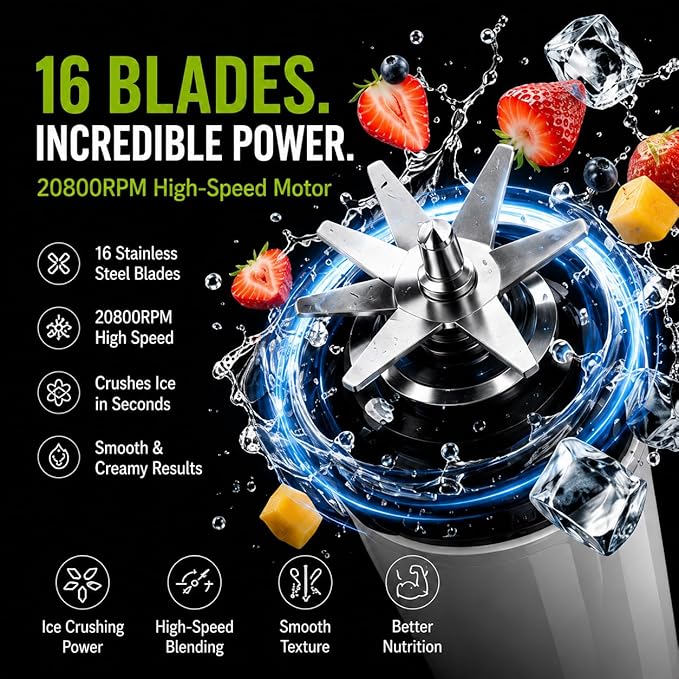 Portable Blender for Protein Shakes & Smoothies, 17oz USB-C Rechargeable Personal Blender with LED Display, Powerful 16-Blade Mini Juicer for Gym, Travel & Office