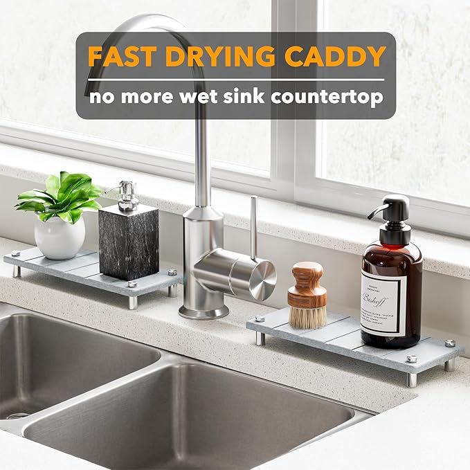 SpaceAid 2 Pack Drying Sink Caddy, Instant Dry Water Absorbing Stone Tray for Sink Organizers, Kitchen Counter Soap Dish Holder Absorbent Coaster, Bathroom Countertop Drying Rack (Light Gray)