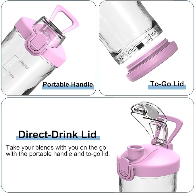 DENOKIN Portable Blender, Shakes and Smoothies Cordless Personal Size Blender 20oz with 6 Blade and a Travel Lid (Purpleish Pink)